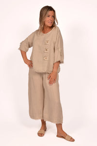 Beige Linen Frayed Edge Pant