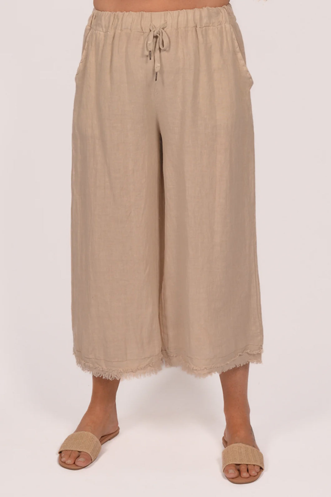 Beige Linen Frayed Edge Pant