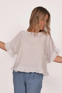 White Linen Ruffle Edge Tee