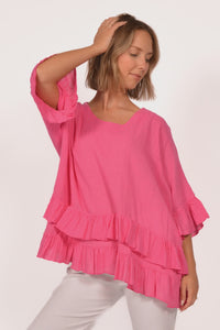 Fuchsia Linen Double Ruffle Edge Top