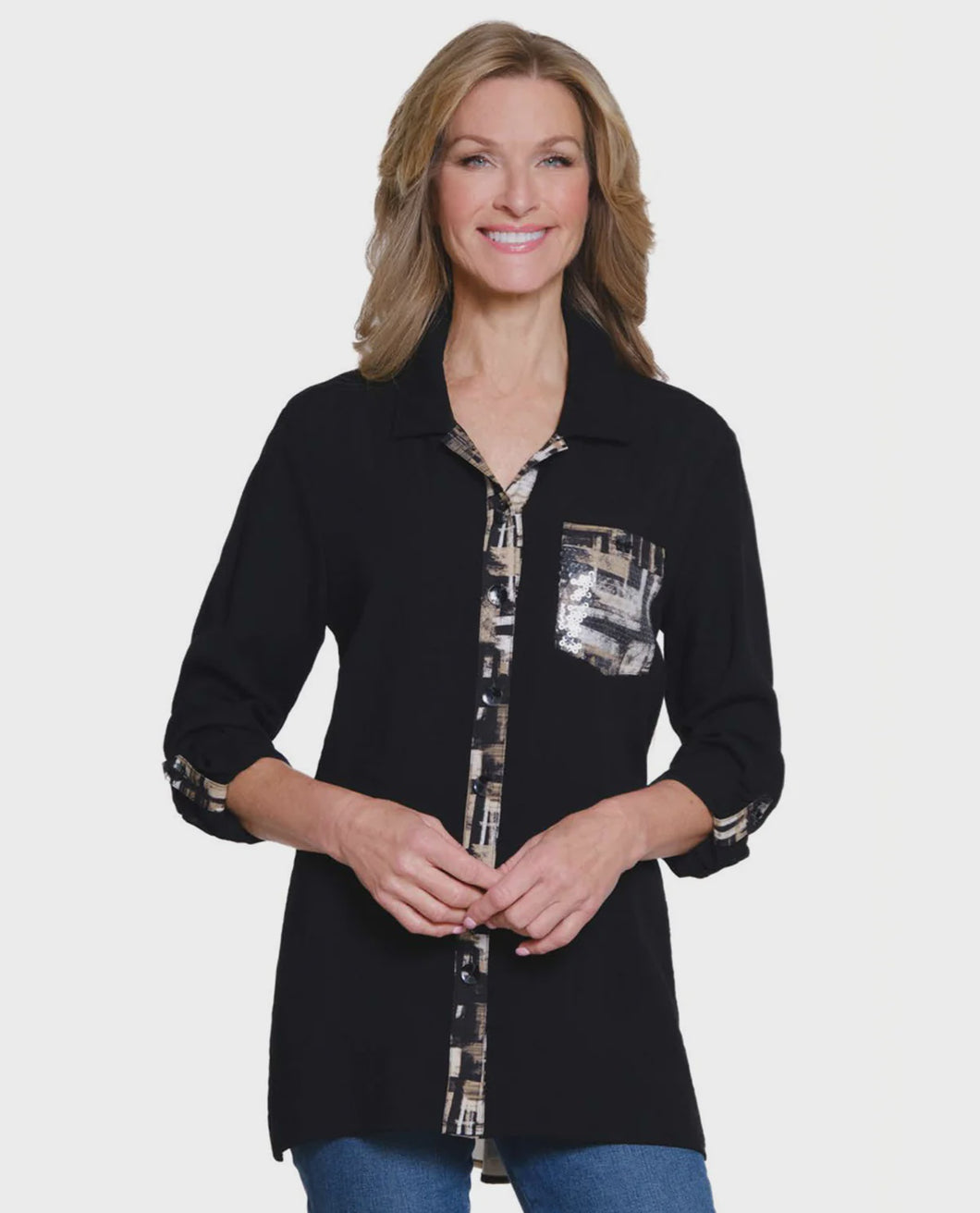 Taupe Printed Roll-Tab Sleeve Woven Shirt