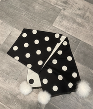 Load image into Gallery viewer, Narrow Black &amp; White Polka Dot Reversible Scarf W Fox Pom Pom
