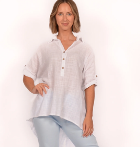 White Linen Button Back Henley