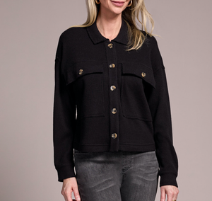 Black Cropped Waffle Knit Shacket