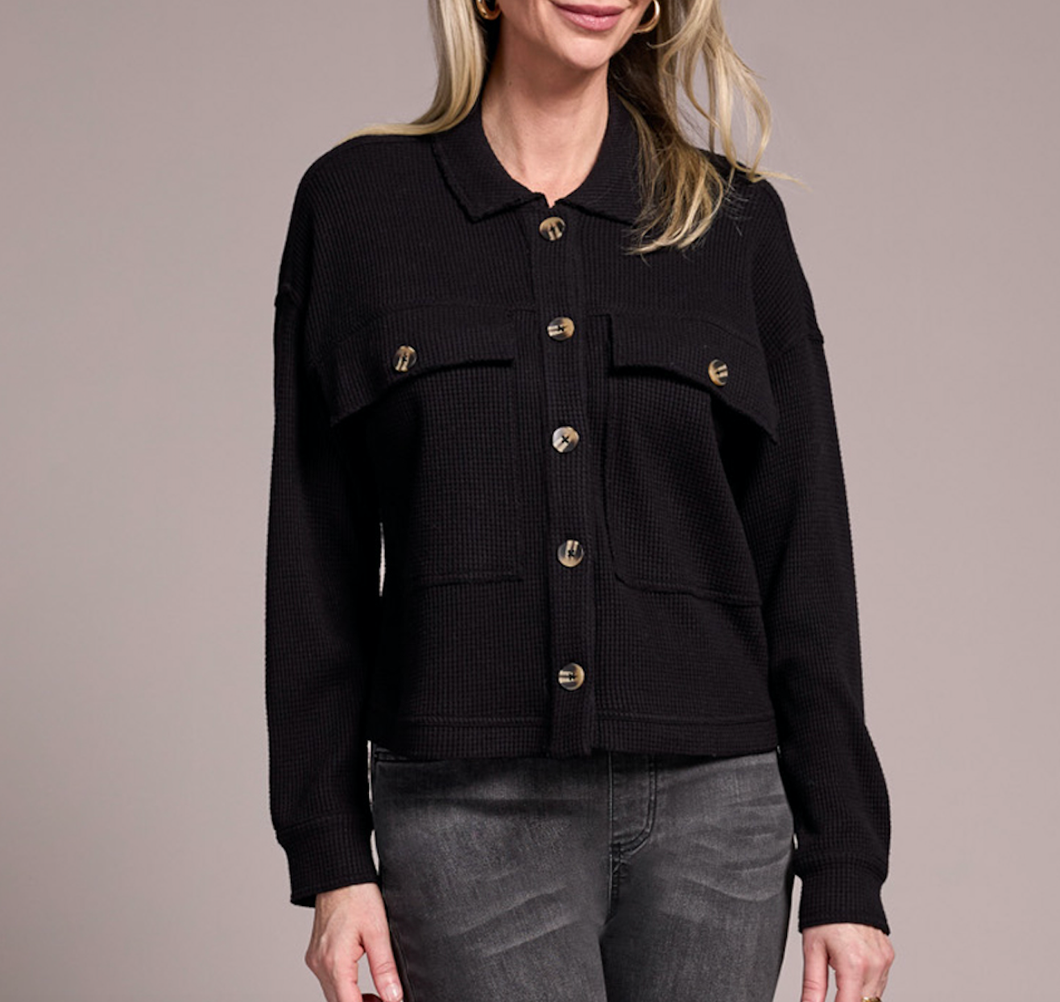 Black Cropped Waffle Knit Shacket