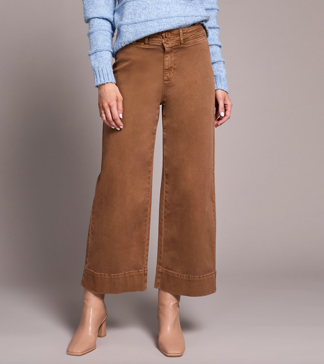 Walnut High Rise Fly Front Palazzo Pant
