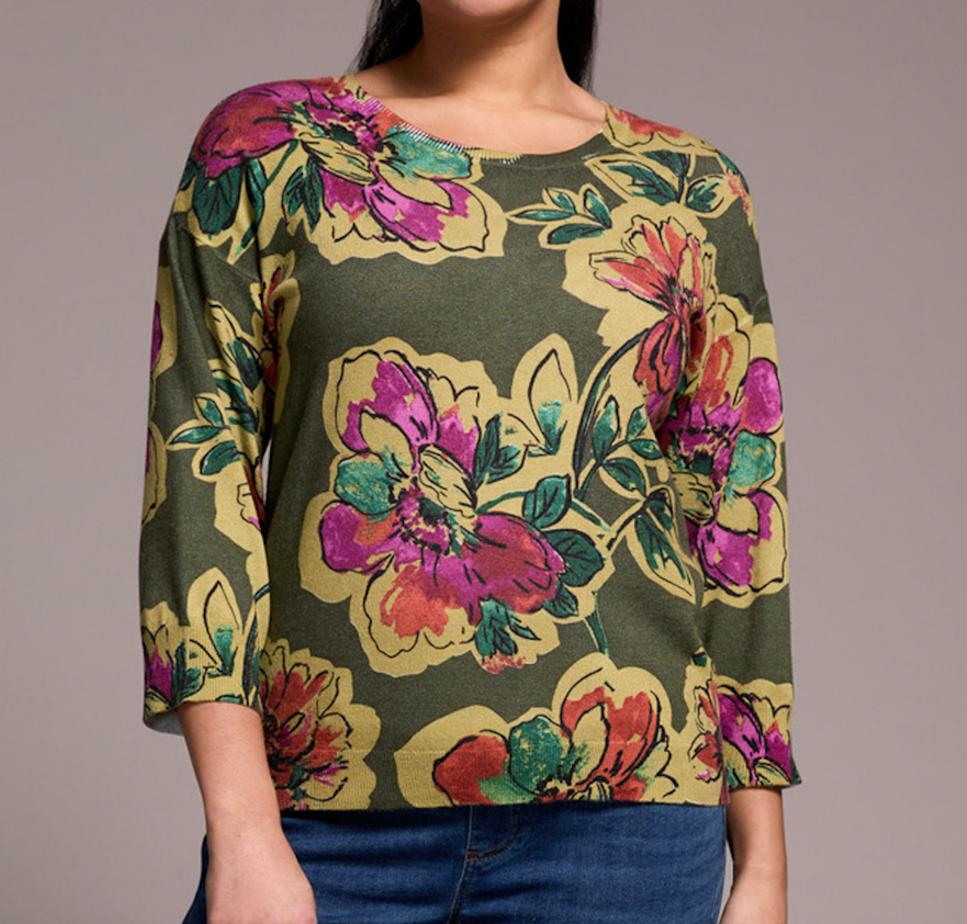 Chive Printed 3/4 Sleeve Knit Sweater