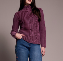 Load image into Gallery viewer, Passion Plum Cable Knit Cotton Mock Neck Sweater
