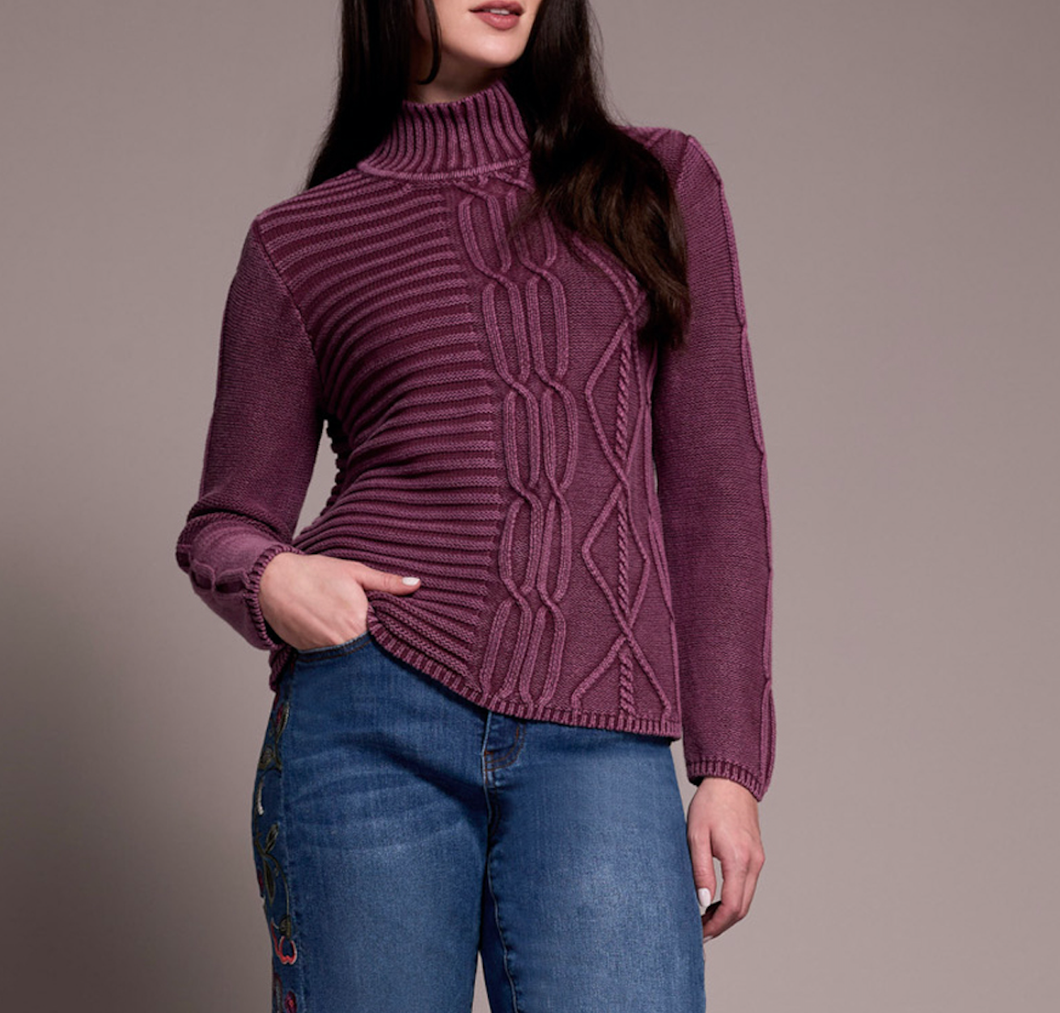 Passion Plum Cable Knit Cotton Mock Neck Sweater