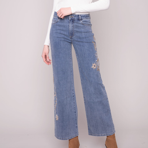Floral & Sequin Embroidered Wide Leg Stretch Denim