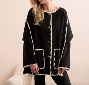 Black Whipstitch Jacket With Detachable Scarf