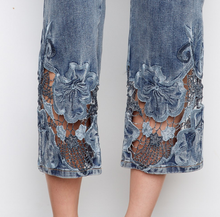 Load image into Gallery viewer, Cropped Flare Denim  W Laser Cut Embroidered Hem
