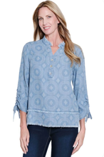 Load image into Gallery viewer, Midnight Denim Printed Blouse With Frayed Hem
