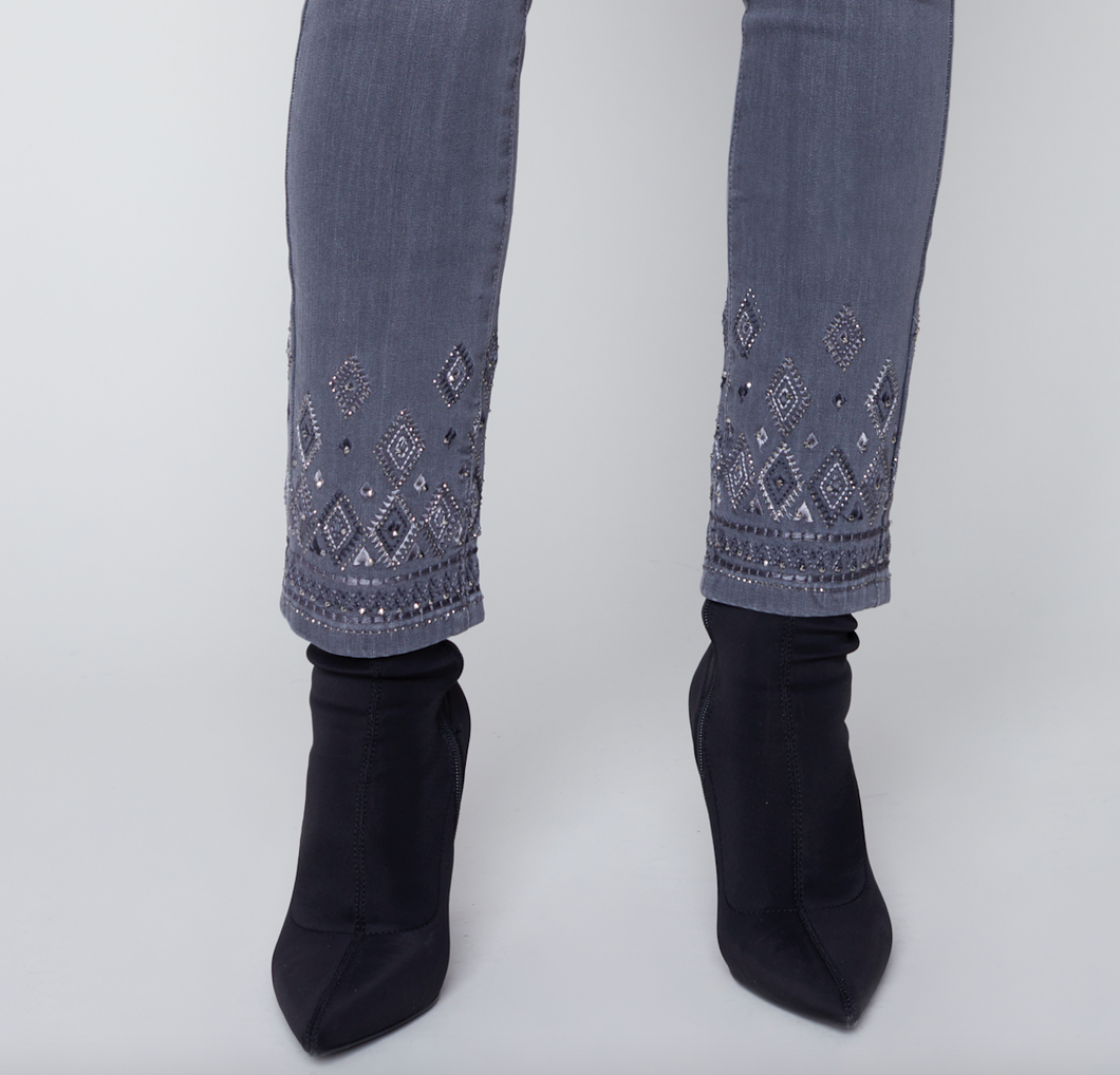 Medium Grey Slim Leg Jeans With Geometric Embroidery