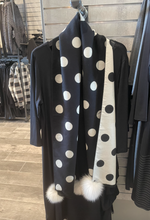 Load image into Gallery viewer, Narrow Black &amp; White Polka Dot Reversible Scarf W Fox Pom Pom
