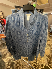 Load image into Gallery viewer, Midnight Denim Printed Blouse With Frayed Hem
