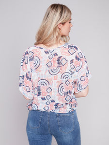 Printed Scribble Cotton Gauze Blouse with Side Tie