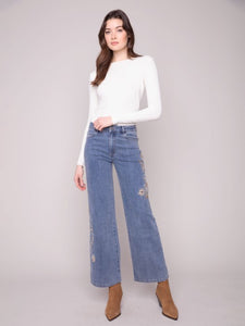 Floral & Sequin Embroidered Wide Leg Stretch Denim