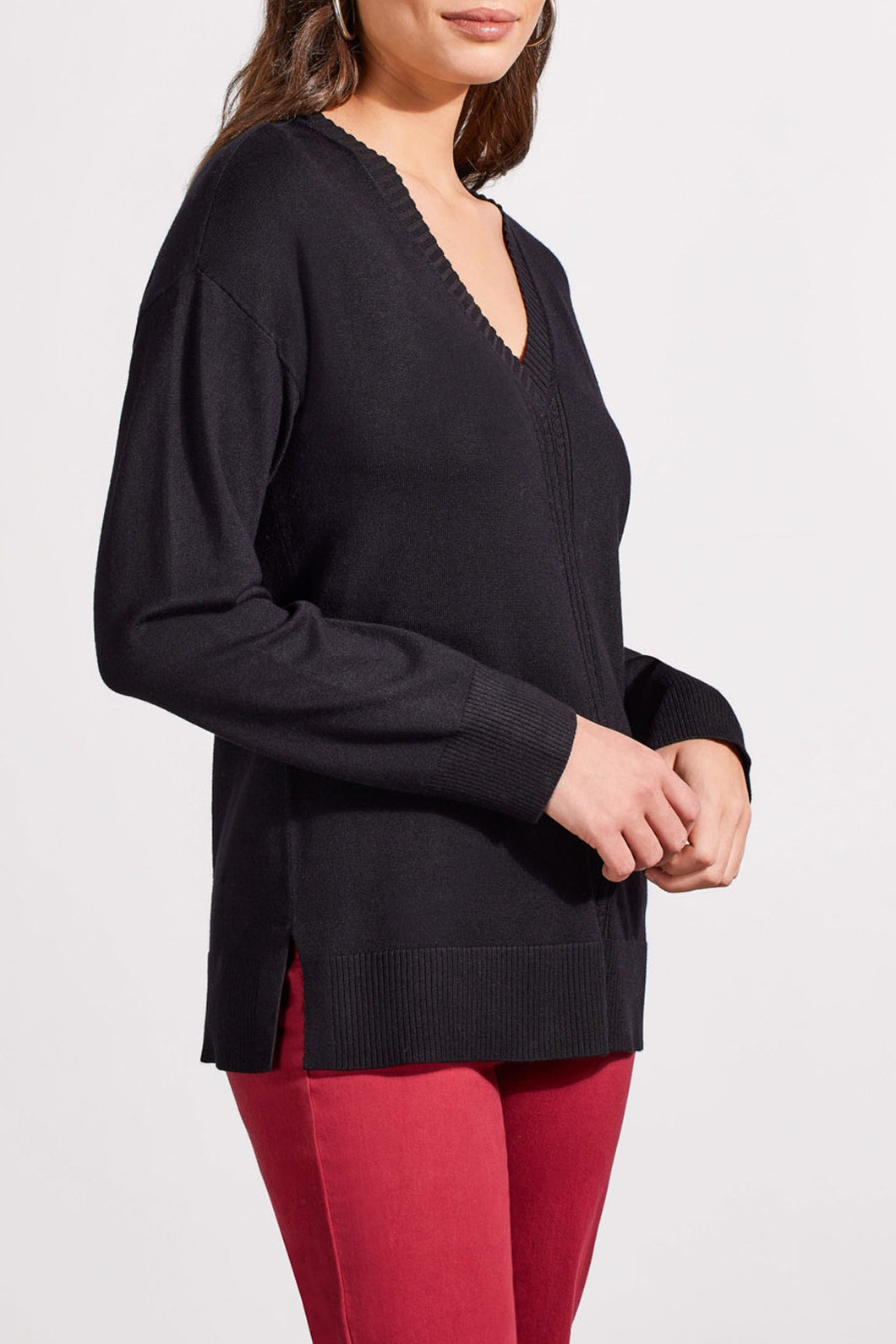 Black Long Sleeve V- Neck Cable Detail Sweater