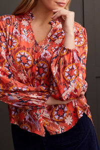 Hot Coral Printed Button Front Blouse