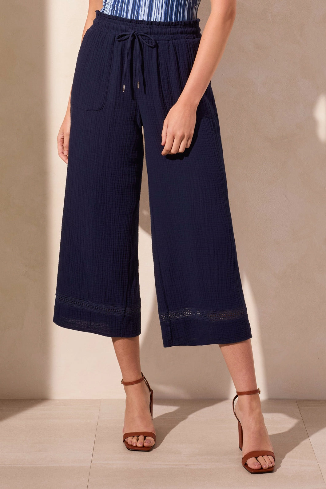TF- Jet Blue Gauze Wide Leg Drawstring Corded Pant