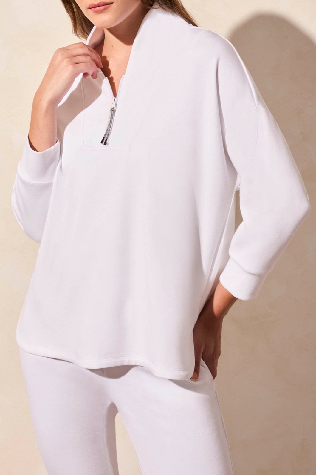 White 1/4 Zip Techno Fabric Dolman Sweater