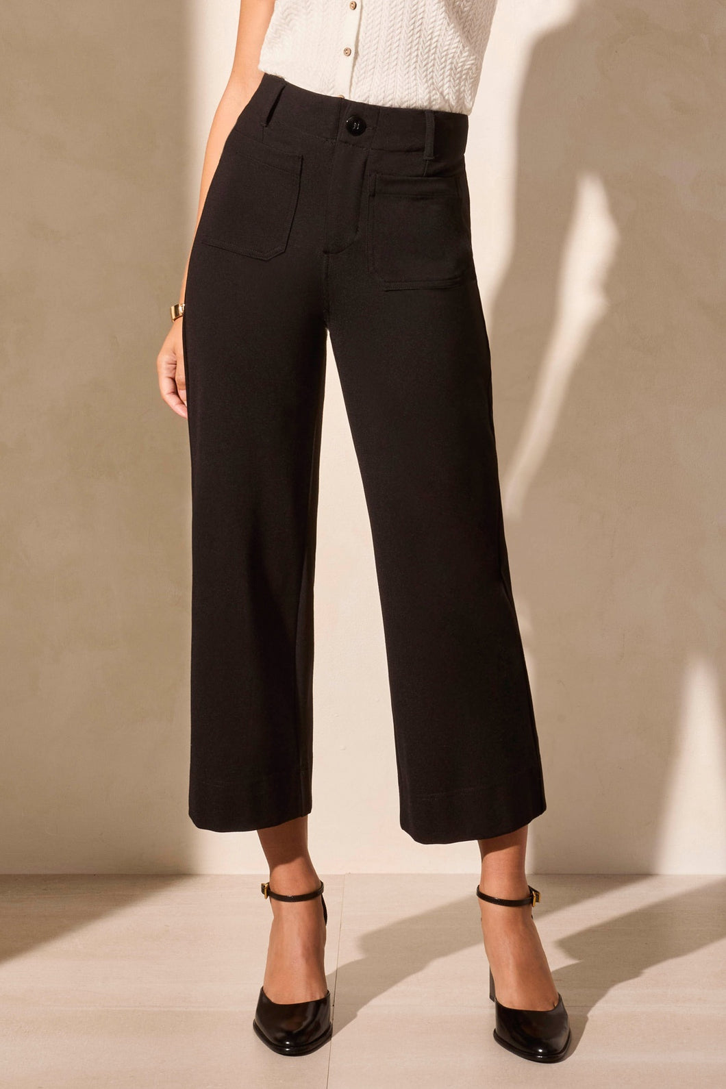 Black Ponte Pocket Front Wide Leg Pant