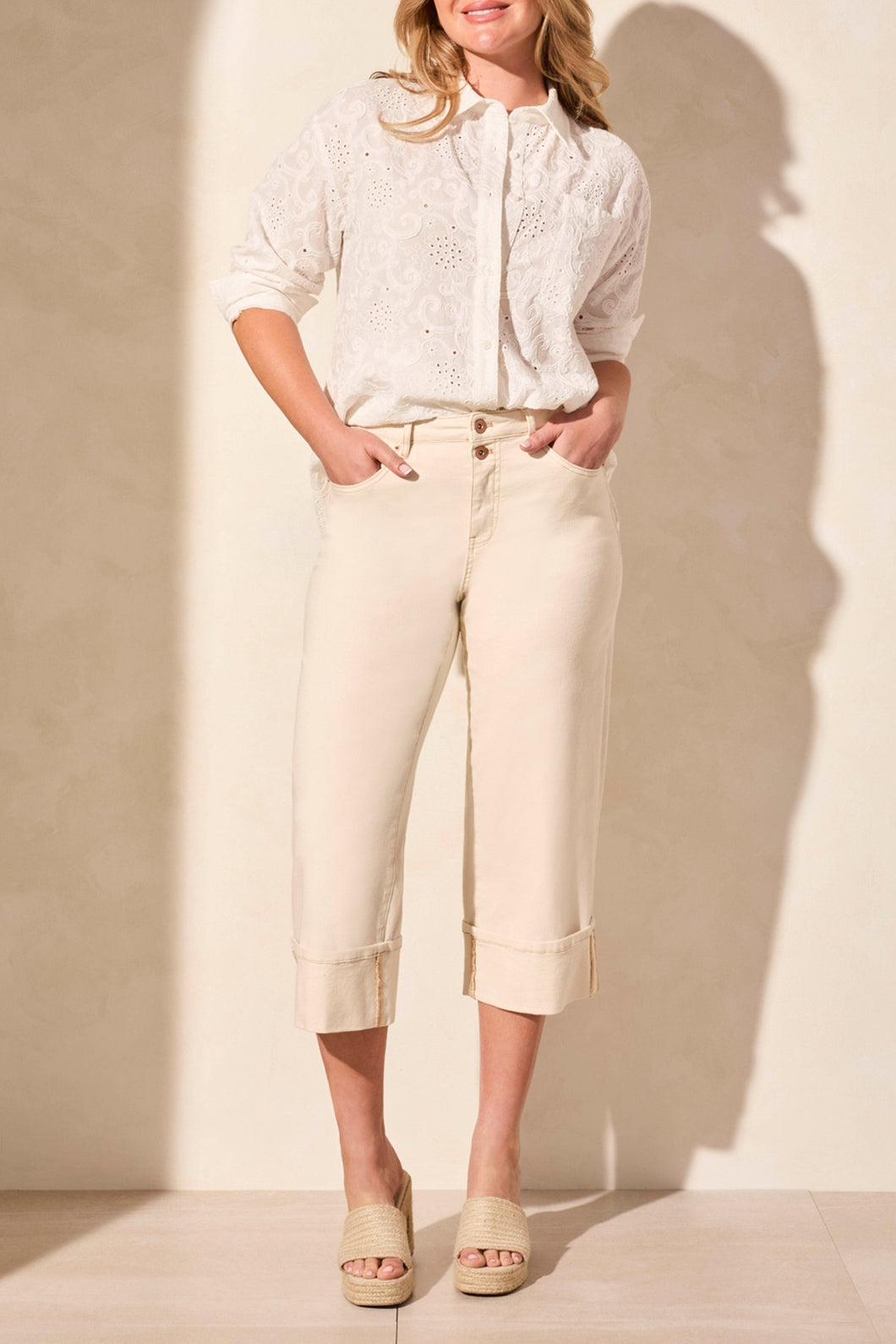 Ecru Wide Leg Cuffed Capris