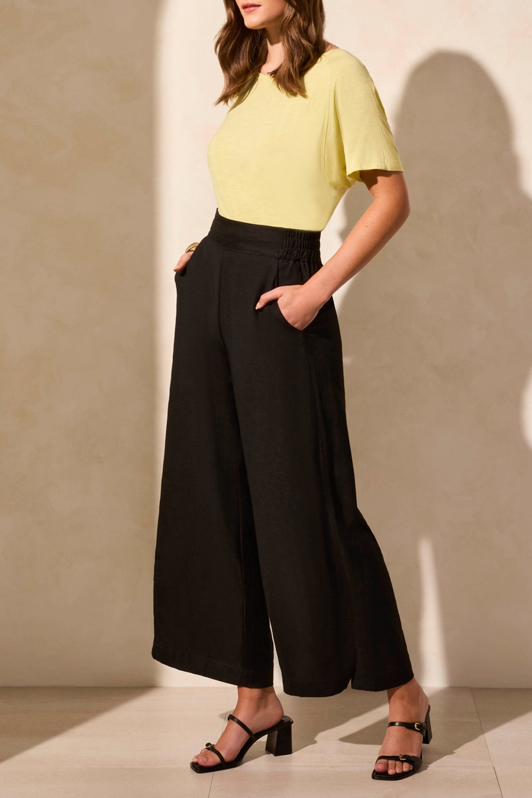 Black Linen Blend Ankle Pant With Side Vent