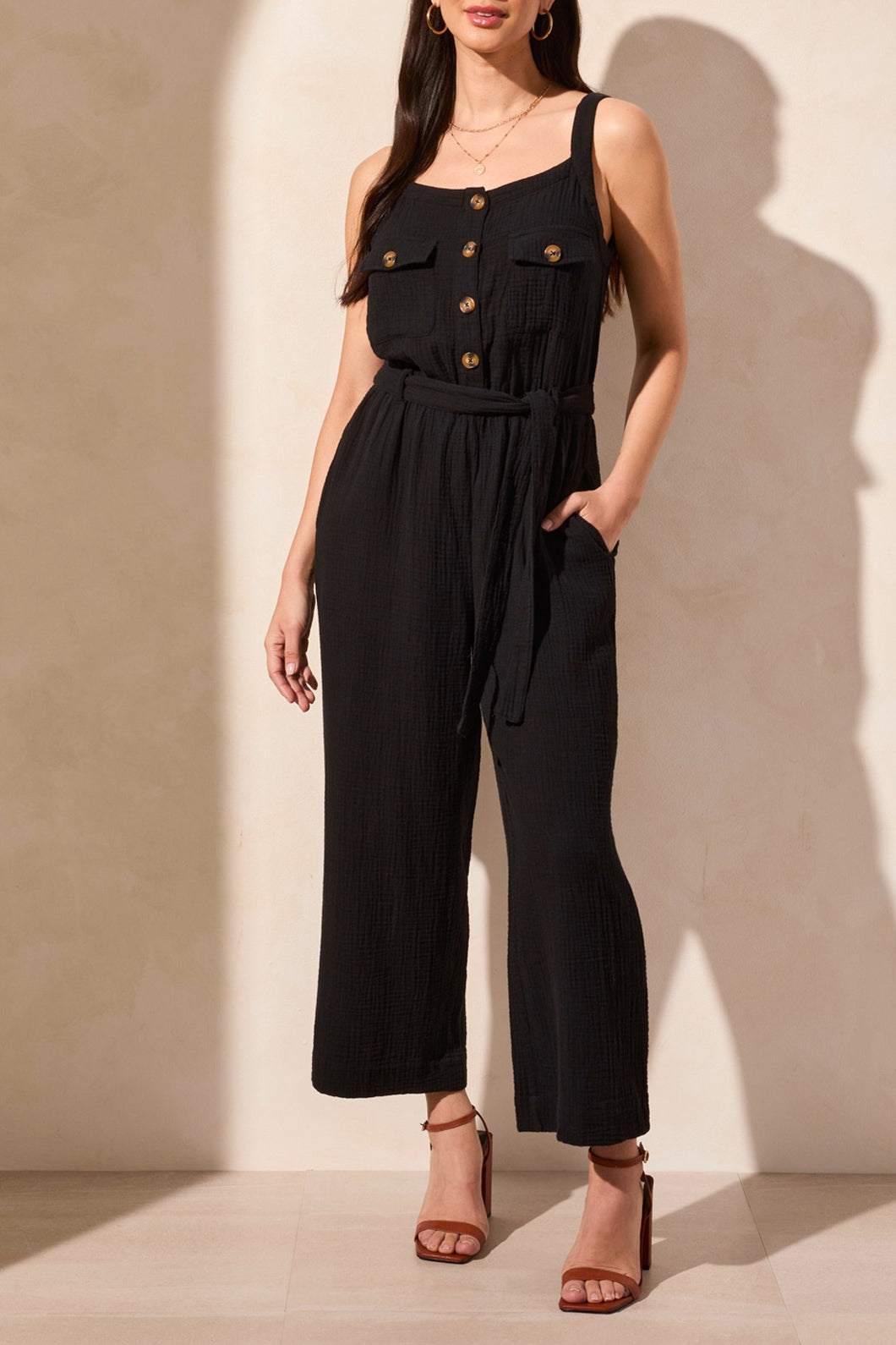 Black Gauze Button Jumpsuit