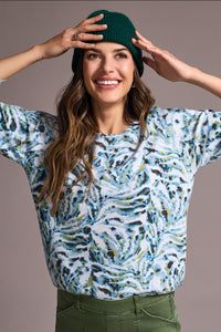 Mist Blue Printed 3/4 Sleeve Knit Sweater