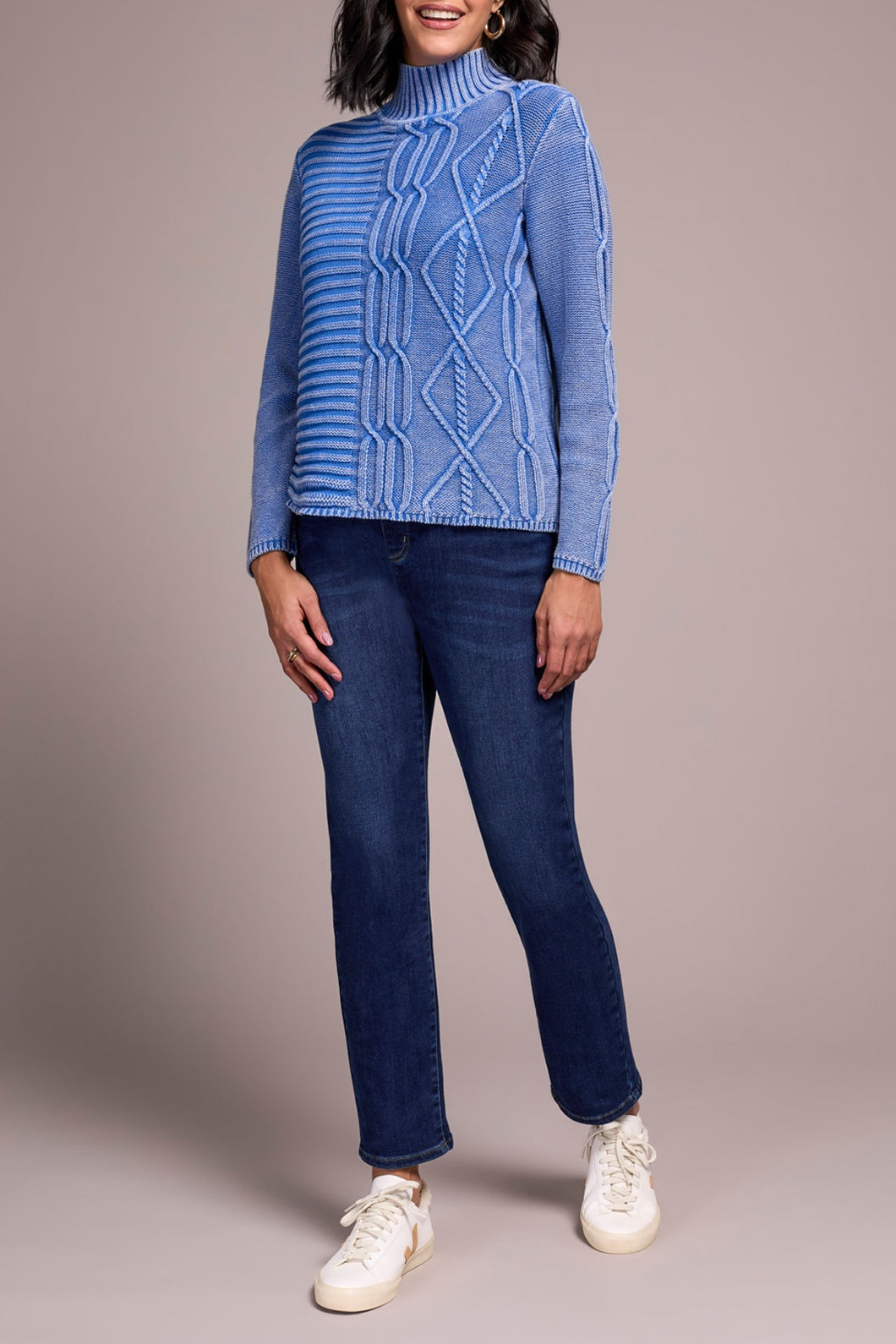 Ultra Blue Cable Knit Cotton Mock Neck Sweater
