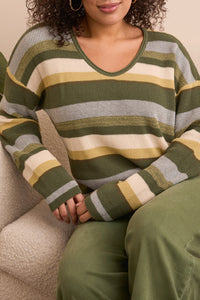 Chive Striped Waffle U-Neck Long Sleeve