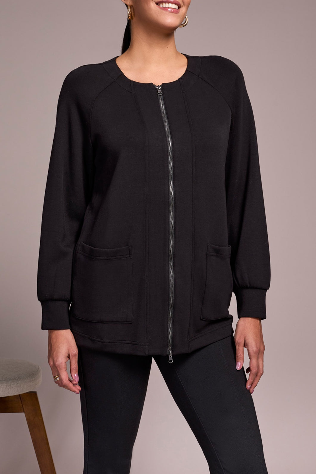 TF- Black Long Sleeve 2 Way Zip Travel Sweater