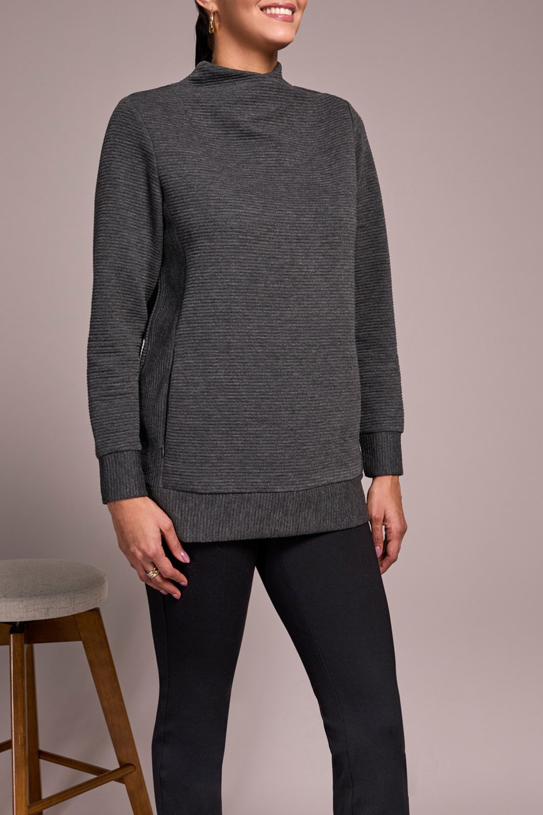 Charcoal Mock Neck Tunic With Invisible Pockets