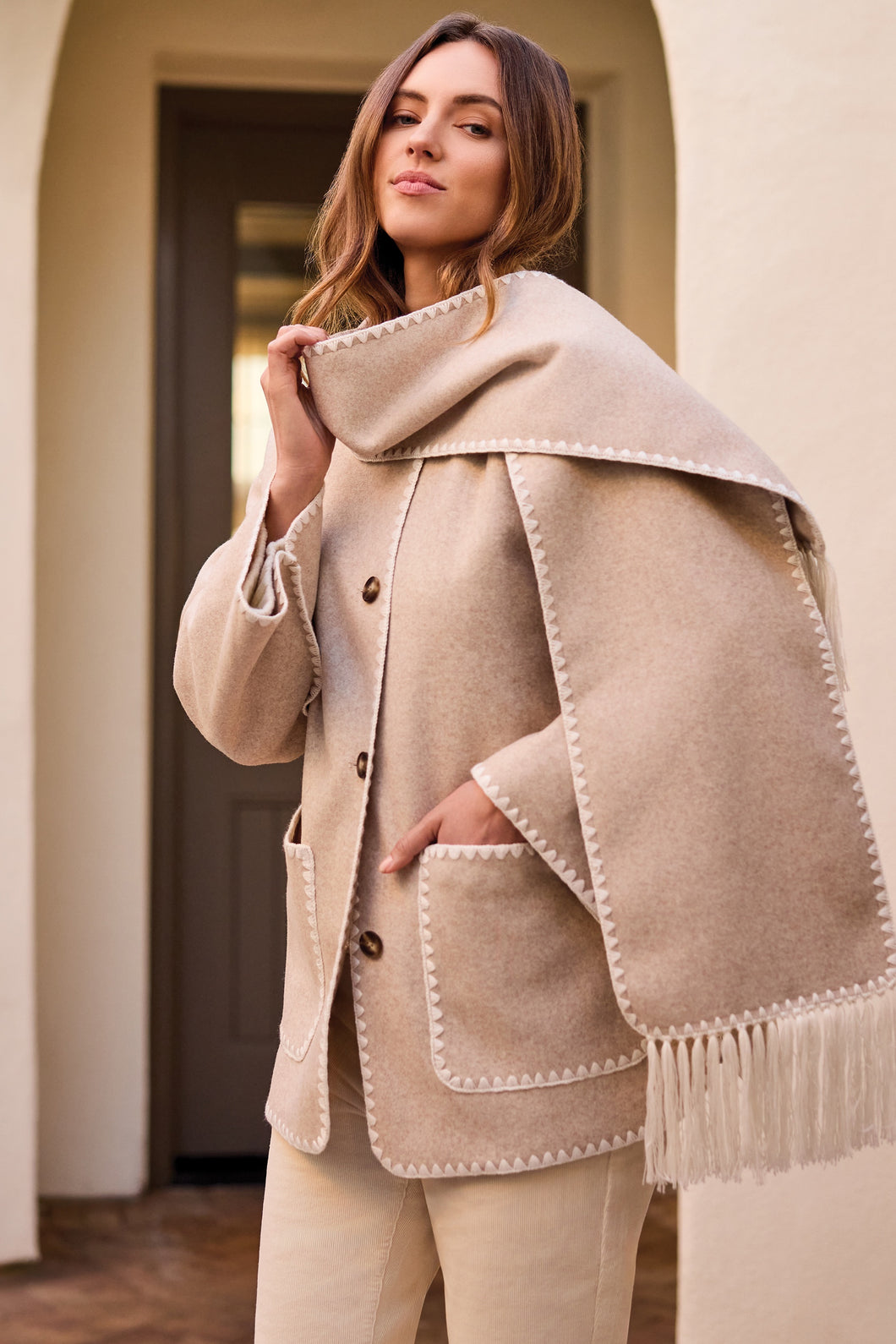 Ice Latte Whipstitch Jacket With Detachable Scarf