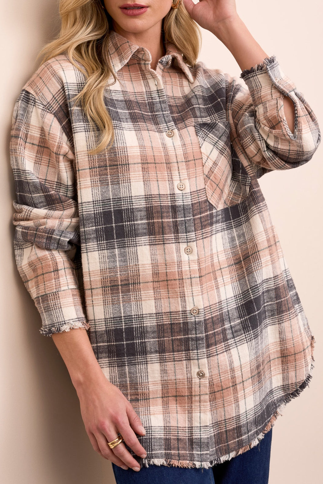 TF- Nordic Stone Fringe Plaid Shirt