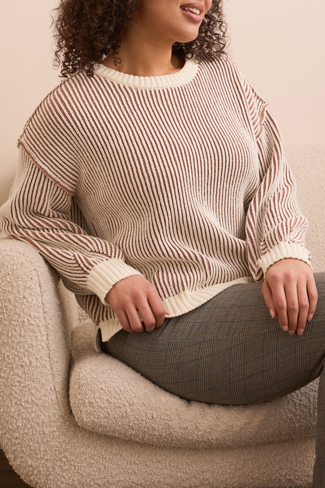 Almond Latte Crew Neck Sweater With Side Slits