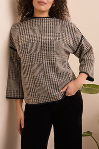 Sandstone Houndstooth Printed Mock Neck Sweater