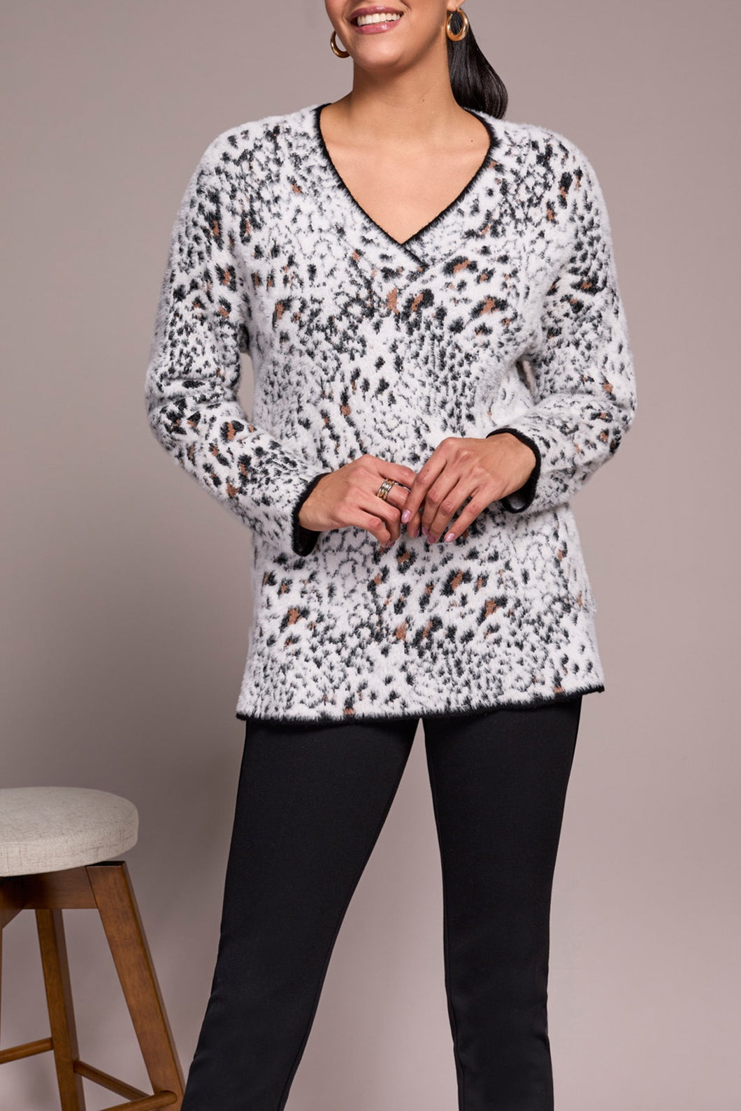Moonstone Printed Eyelash V-Neck Sweater