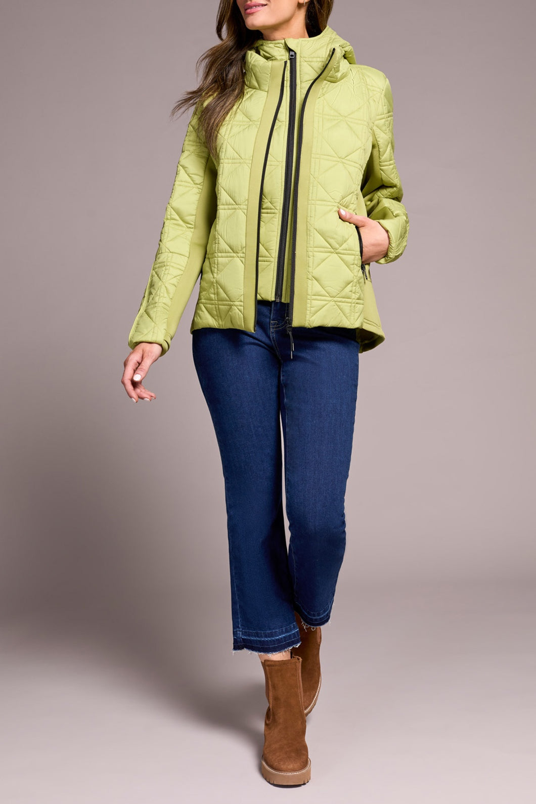 Short Slim Puffer Coat With Detachable Hood In Wasabi