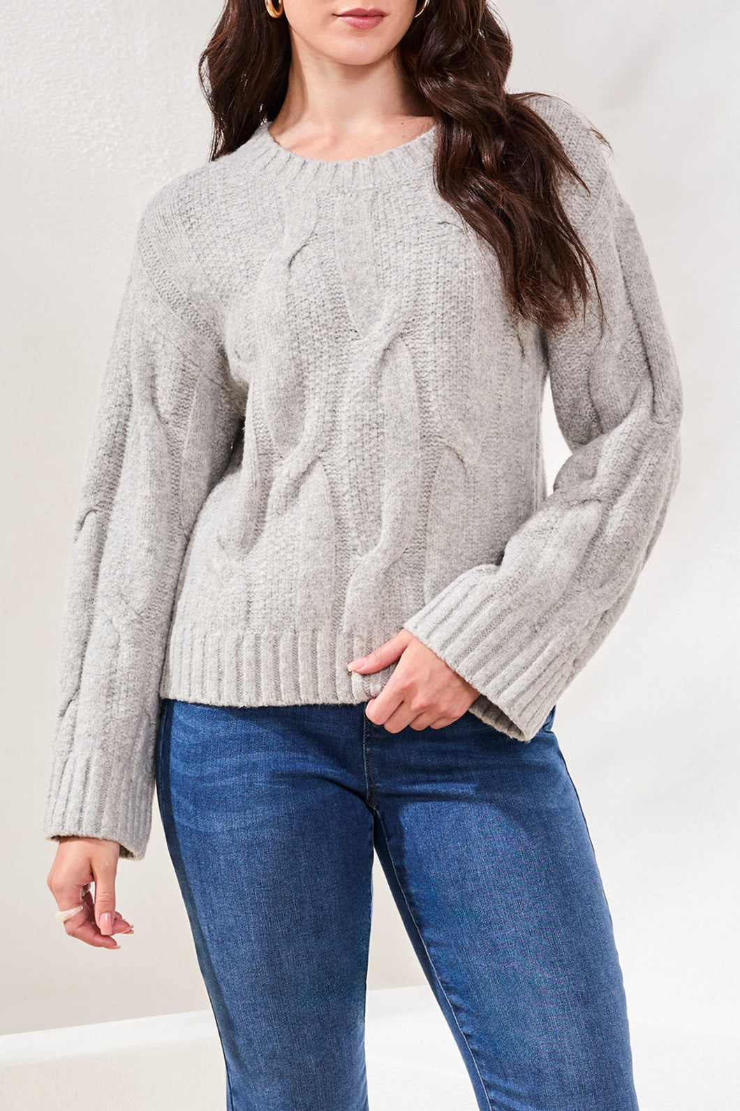 Loose Fit Cable Knit Sweater In Grey Mix