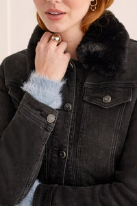 Black Denim Jacket W Removable Fur Collar