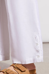 White Linen Ankle Pant With Button Hem