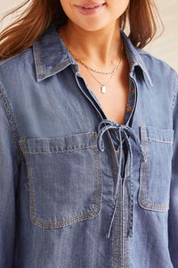 Chambray 3/4 Sleeve Pop Over Blouse