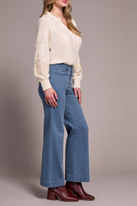 Slate Blue Comfort Stretch Fly Front Wide Leg Pant