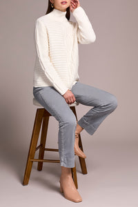 Cream Cable Knit Cotton Mock Neck Sweater