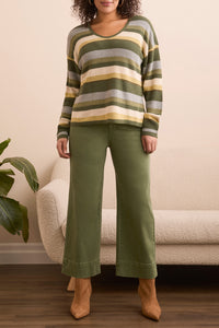 Chive Striped Waffle U-Neck Long Sleeve