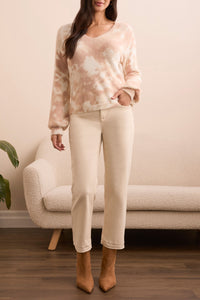 Cream Printed Eyelash V-Neck Sweater