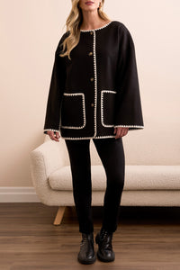 Black Whipstitch Jacket With Detachable Scarf